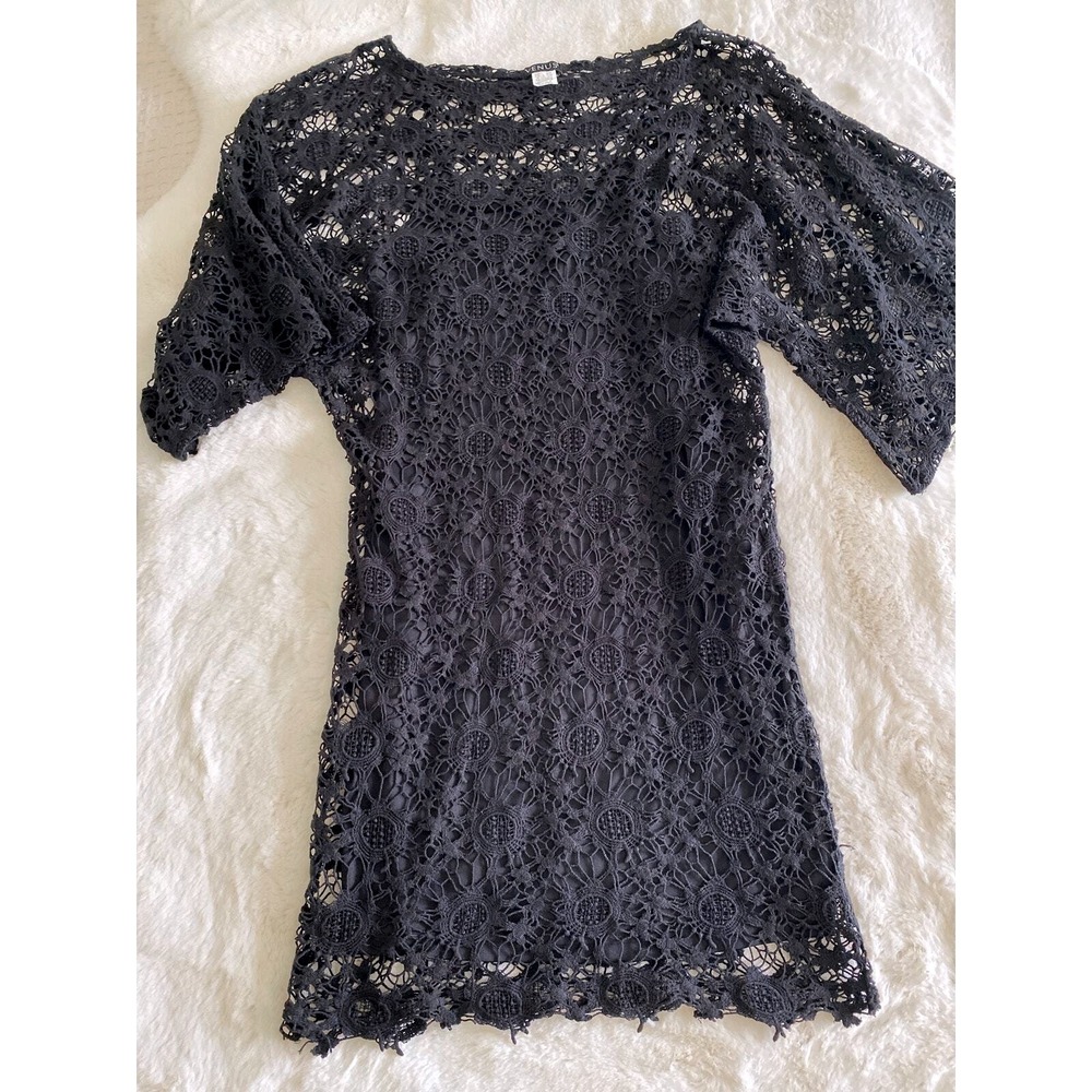 Venus Black Floral Crochet Lace Shift Dress Kimono‎ Sleeve Lined Womens Medium
